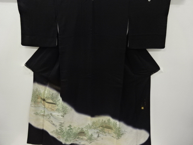 リサイクル　作家物　寿光織　家屋に水辺風景模様織り出し留袖(比翼付き)